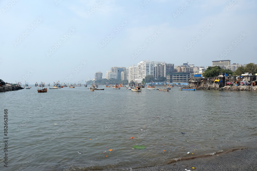 Fishing boats at Colaba fishing village, southern end of Mumbai city, India