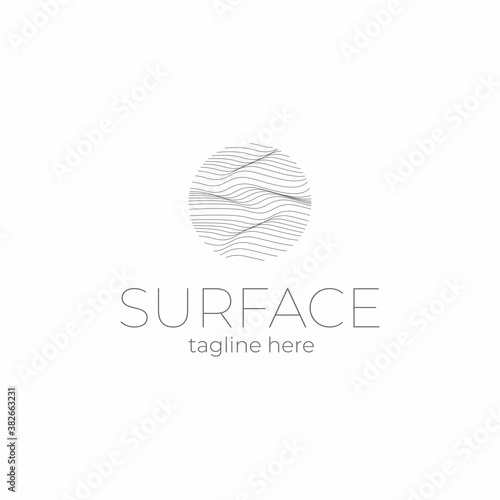 Surface logo template. Lined field abstract logo template. Abstract stripes line wavy field pattern. Topography logo. Relief logo. Mesh surface. Geology layers. Topographic line map.