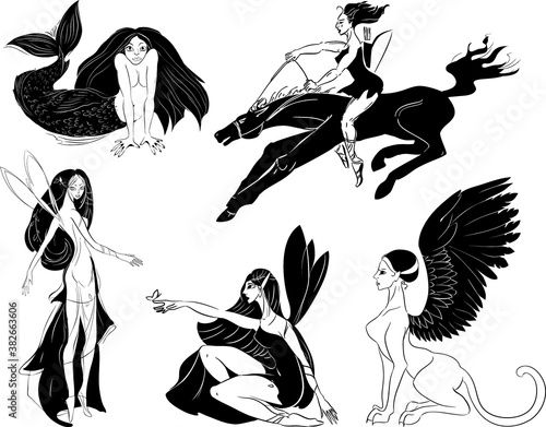 Set of Mythical female creatures: elf, amazon, mermaid, sphinx