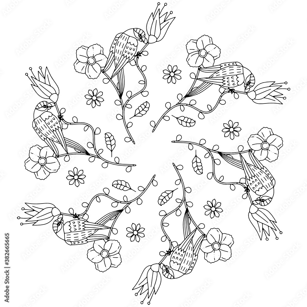 Mandala Circular Pattern. Leafs Birds and Tropical flowers in monochrome colors. Doodles pattern. Decorative pattern in a natural style. Coloring book page. Mandala Circular Pattern. Leafs Birds and Tropical flowers in monochrome colors. Doodles pattern. Decorative pattern in a natural style. Coloring book page.