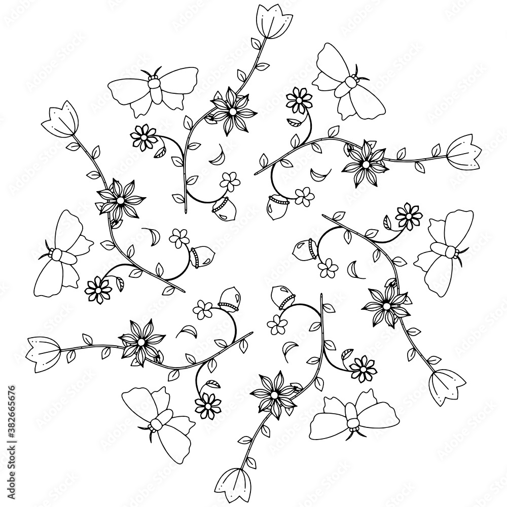 Naklejka premium Mandala Circular Pattern. Leafs Butterfly and flowers in monochrome colors. Doodles pattern. Decorative pattern in a natural style. Coloring book page.