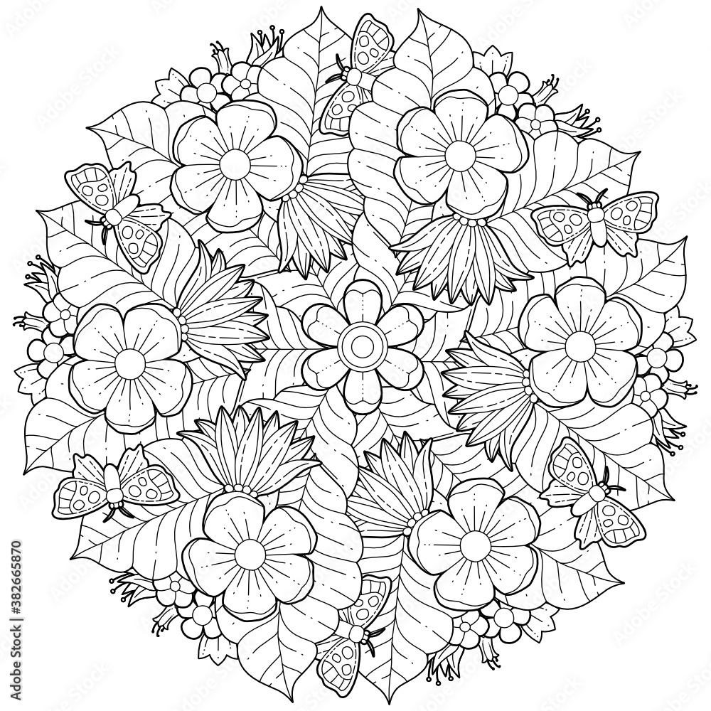 Mandala Circular Pattern. Leafs Plants and Flowers in Monochrome colors. Doodles pattern. Decorative pattern in a natural style. Coloring book page.

