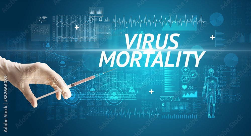 Syringe needle with virus vaccine and VIRUS MORTALITY inscription, antidote concept Syringe needle with virus vaccine and VIRUS MORTALITY inscription, antidote concept