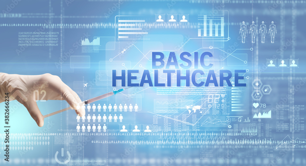 Close-up view of doctor's hand in a white glove holding syringe with BASIC HEALTHCARE inscription, healthcare and medical concept Close-up view of doctor's hand in a white glove holding syringe with BASIC HEALTHCARE inscription, healthcare and medical concept