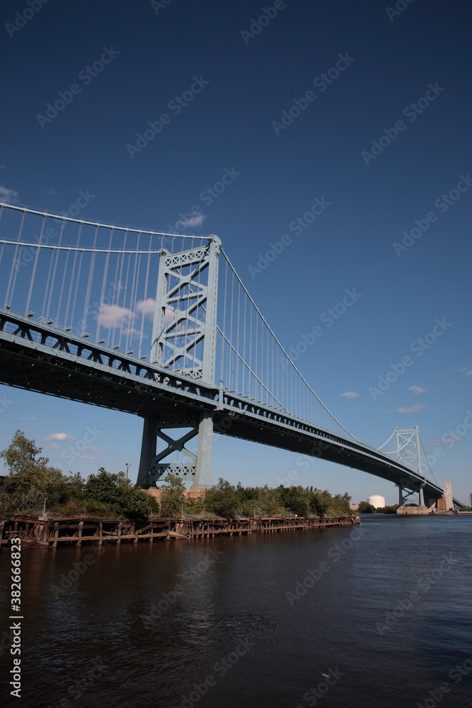 View of suspension The Benjamin Franklin Bridge crossing the Delaware River  connecting Camden New Jersey from Philadelphia, Pennsylvania, USA