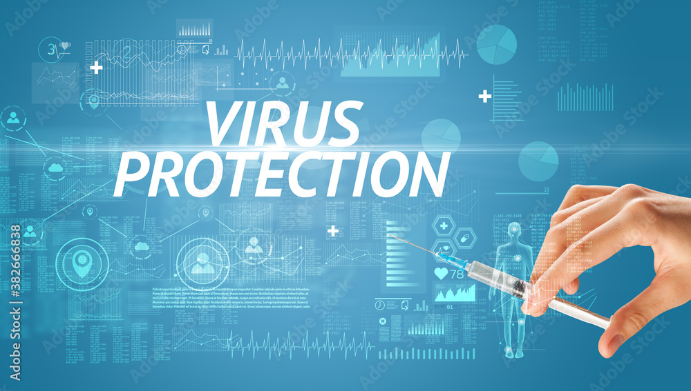 Syringe needle with virus vaccine and VIRUS PROTECTION inscription, antidote concept Syringe needle with virus vaccine and VIRUS PROTECTION inscription, antidote concept