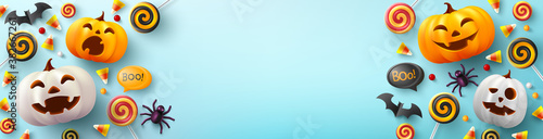 Halloween Background with cute halloween pumpkin,bat,spider and candy on light blue background. Website spooky,Background or banner Halloween template. Vector illustration eps 10