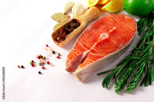salmon fish steak, butterfly, fresh, raw, with spices, healthy food,