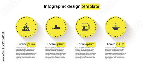 Set Yagna, Wood cricket bat and ball, Cup of tea with tea bag and Aroma lamp. Business infographic template. Vector.