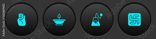 Set Indian symbol hand, Aroma lamp, Tea bag and Hindu swastika icon. Vector.