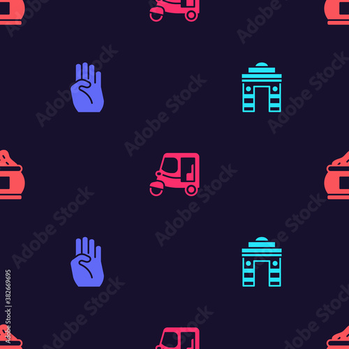Set India Gate in Delhi, Indian symbol hand, Taxi tuk tuk and spice on seamless pattern. Vector.