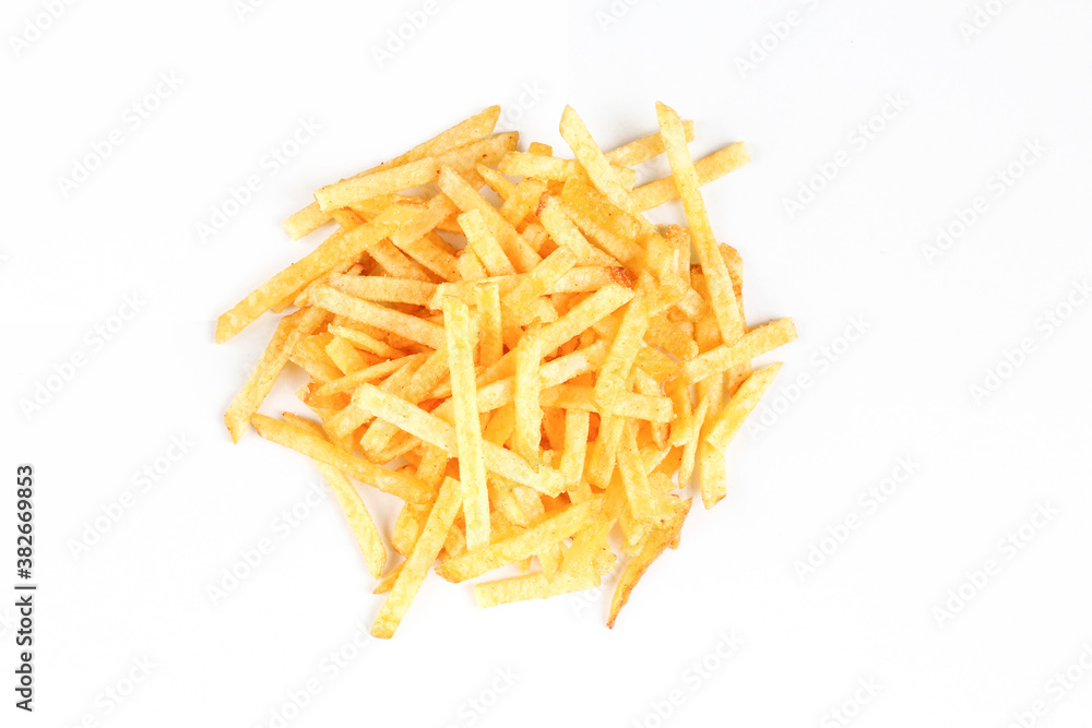 Portion of salty fried potato sticks isolated on white background Portion of salty fried potato sticks isolated on white background