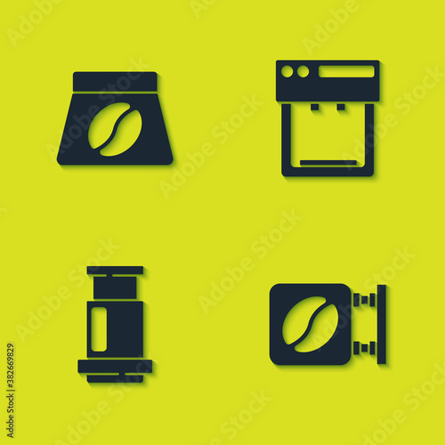 Set Bag of coffee beans, Street signboard, Aeropress and Coffee machine icon. Vector.
