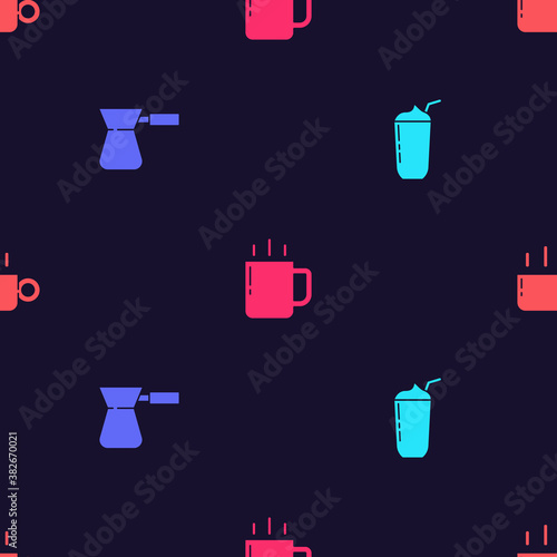 Set Milkshake, Coffee turk, cup and on seamless pattern. Vector.