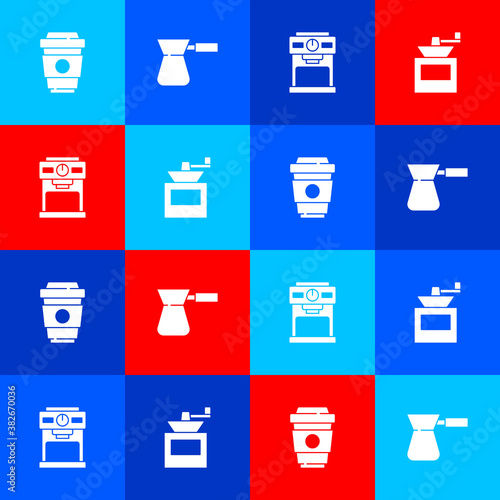 Set Coffee cup to go, turk, machine and Manual coffee grinder icon. Vector.