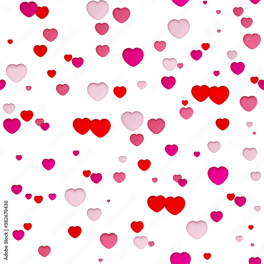 Seamless pattern with hearts.Multicolored hearts isolated on white background. Valentine's day, love conceptual print. Many pink and red hearts texture. 