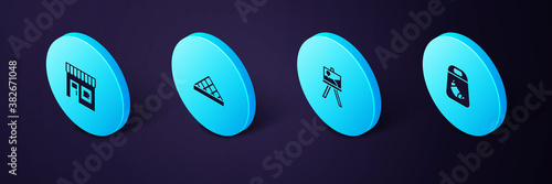 Set Isometric Croissant package, Easel or painting art boards, Louvre museum and Coffee shop icon. Vector.