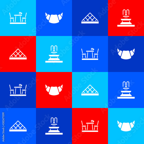 Set French cafe, Croissant, Louvre museum and Fountain icon. Vector.