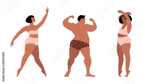 Multiracial people dressed in lingerie isolated characters. Body positive. Love your body. Vector illustration.