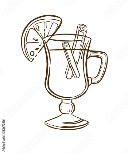 Christmas mulled wine. Hand painted wine glass, cinnamon, gingerbread and fir branch isolated on white background. Winter illustration for design, print, fabric. 