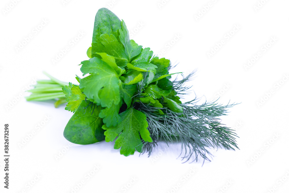 Fototapeta premium A bunch of fresh herbs. Dill, parsley, spinach. White background. Close-up.