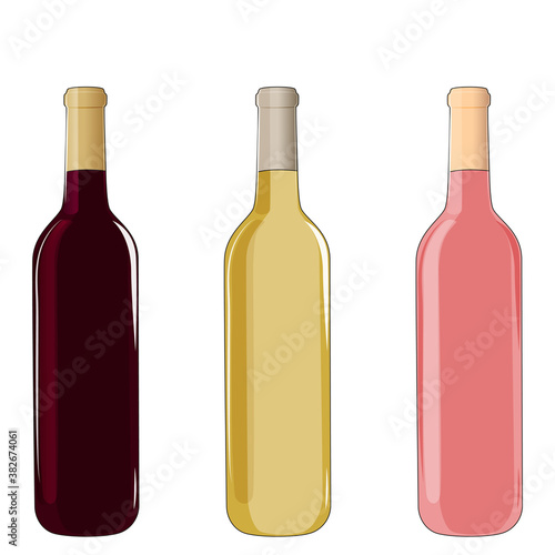 Bottles of different wine, red, rose and white, stock vector illustration.