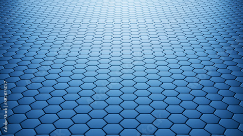 Hexagonal Futuristic Background Design. Honeycomb Texture in Dark Blue Color. 3D Rendering. © MZalevsky