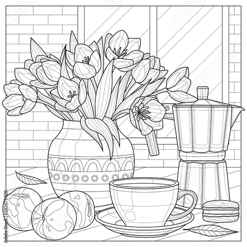 Bouquet of tulips, coffee maker, cup and peaches.Coloring book antistress for children and adults. Illustration isolated on white background.Black and white drawing.Zen-tangle style.