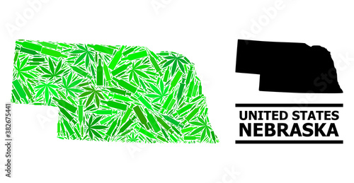 Addiction mosaic and usual map of Nebraska State. Vector map of Nebraska State is constructed with random vaccine symbols, herb and alcoholic bottles.