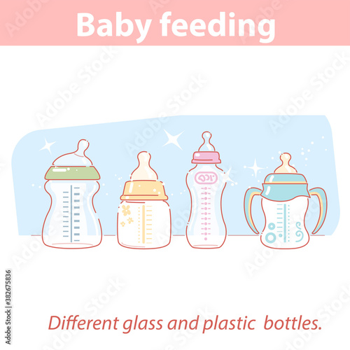 baby feeding. Set of different bottles for baby feeding in row.