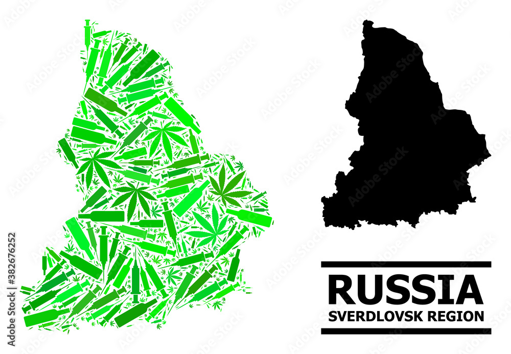 Addiction mosaic and solid map of Sverdlovsk Region. Vector map of Sverdlovsk Region is organized from random inoculation icons, marijuana and drink bottles.