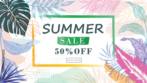 Summer sale 50% off. Discount banner tropical plant. Vector illustration