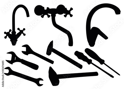 Tools to repair the faucet in the bathroom. Faucet for bathroom and kitchen, flat screwdriver, hammer, wrench.