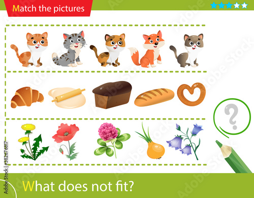 Logic puzzle for kids. What does not fit? Cats. Bakery products. Flowers. Matching game, education game for children. Worksheet vector design for preschoolers.