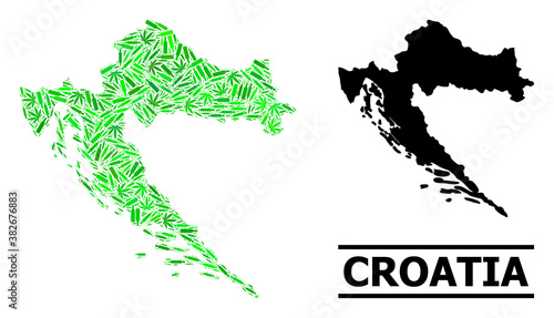 Drugs mosaic and solid map of Croatia. Vector map of Croatia is organized from random vaccine symbols, dope and wine bottles. Abstract territorial scheme in green colors for map of Croatia.