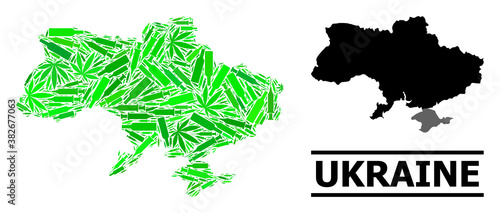 Addiction mosaic and solid map of Ukraine. Vector map of Ukraine is formed with scattered inoculation icons, cannabis leaves and alcoholic bottles.
