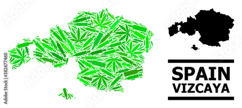 Addiction mosaic and solid map of Vizcaya Province. Vector map of Vizcaya Province is formed from random vaccine doses, addict and drink bottles.