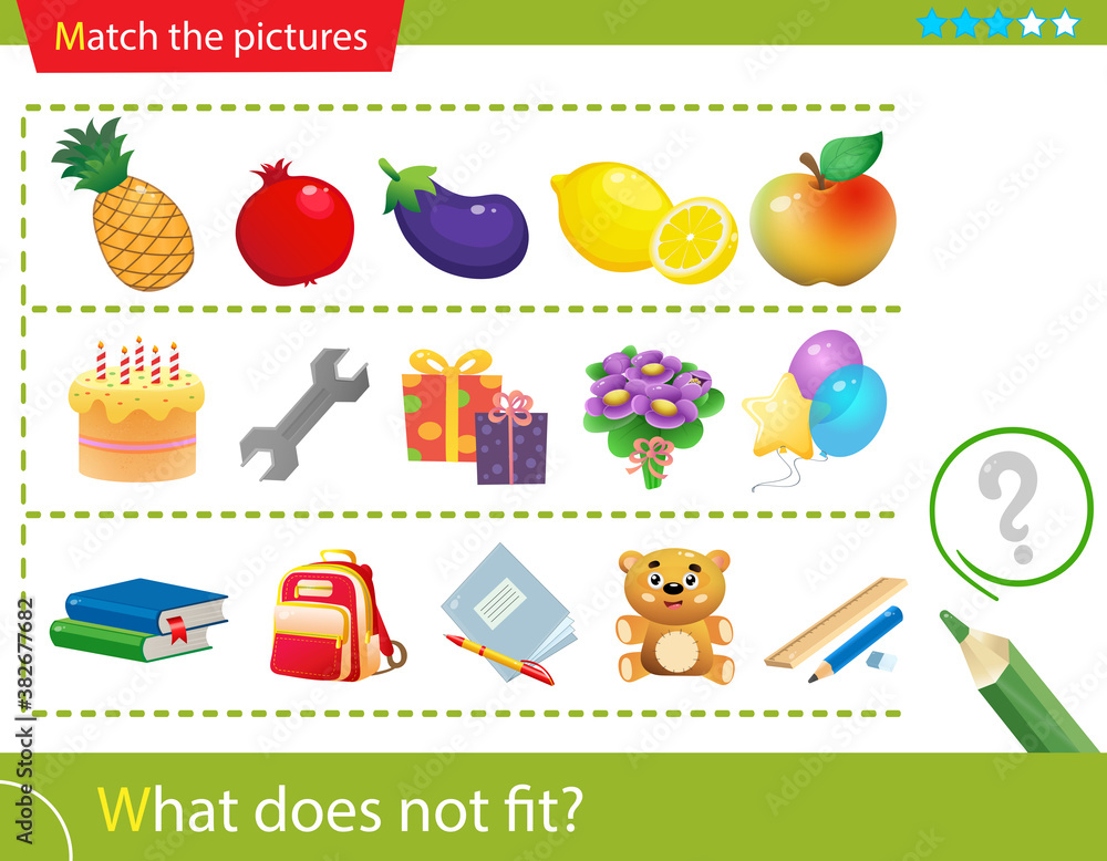 Fototapeta premium Logic puzzle for kids. What does not fit? Fruits. Birthday. School supplies. Education game for children. Worksheet vector design for preschoolers.