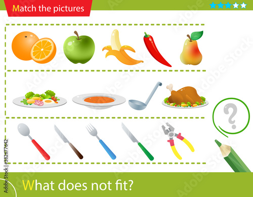 Logic puzzle for kids. What does not fit? Fruits. Food and meals. Cutlery or tableware. Education game for children. Worksheet vector design for preschoolers.