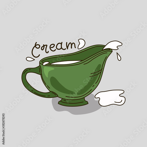 Vector illustration of a gravy boat with cream. Isolated background.