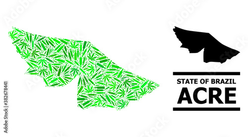 Drugs mosaic and usual map of Acre State. Vector map of Acre State is made of random vaccine doses, cannabis leaves and drink bottles. Abstract territory scheme in green colors for map of Acre State.