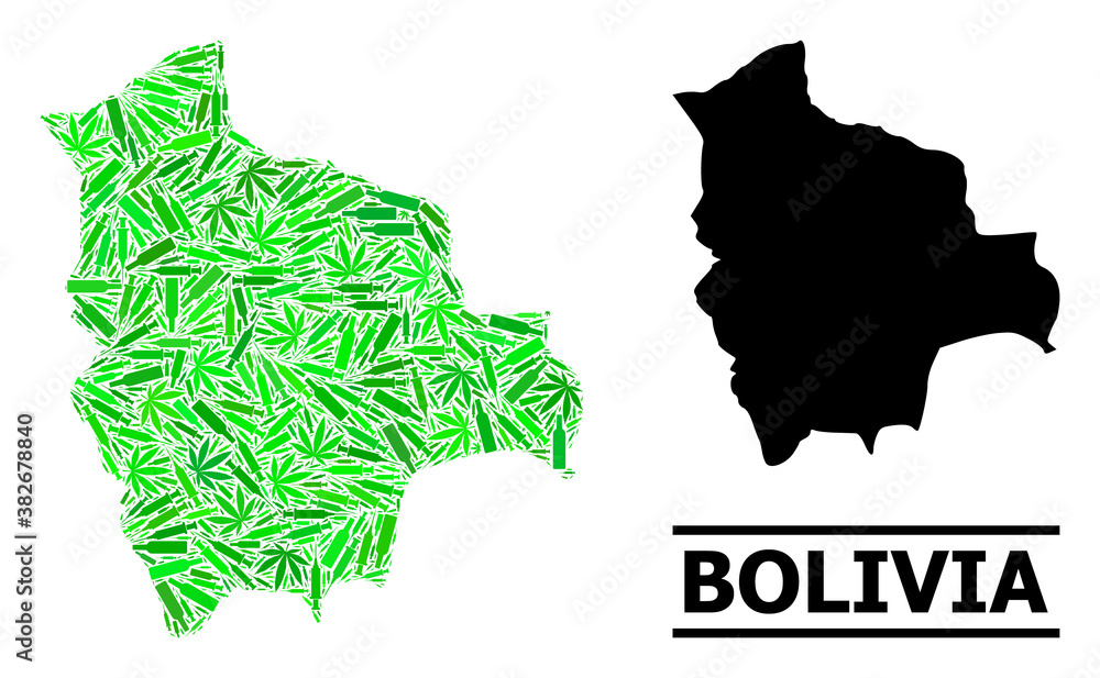 Addiction mosaic and usual map of Bolivia. Vector map of Bolivia is composed of randomized inoculation icons, narcotic and wine bottles. Abstract territory scheme in green colors for map of Bolivia.