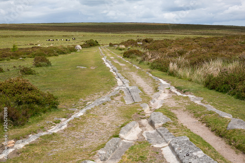 Haytor Granite Tramway junction formerly used to guide the wheels of horse-drawn wagons in Dartmoor, Devon UK photo