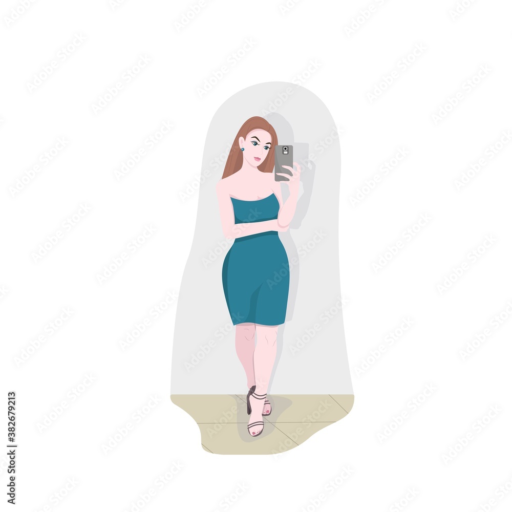 Girl in evening dress and sandals makes selfie, red-haired girl, young lady with phone in hands, vector illustration in flat style. Girl in evening dress and sandals makes selfie, red-haired girl, young lady with phone in hands, vector illustration in flat style.