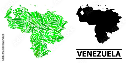 Drugs mosaic and solid map of Venezuela. Vector map of Venezuela is organized with random syringes, addict and wine bottles. Abstract territory scheme in green colors for map of Venezuela.