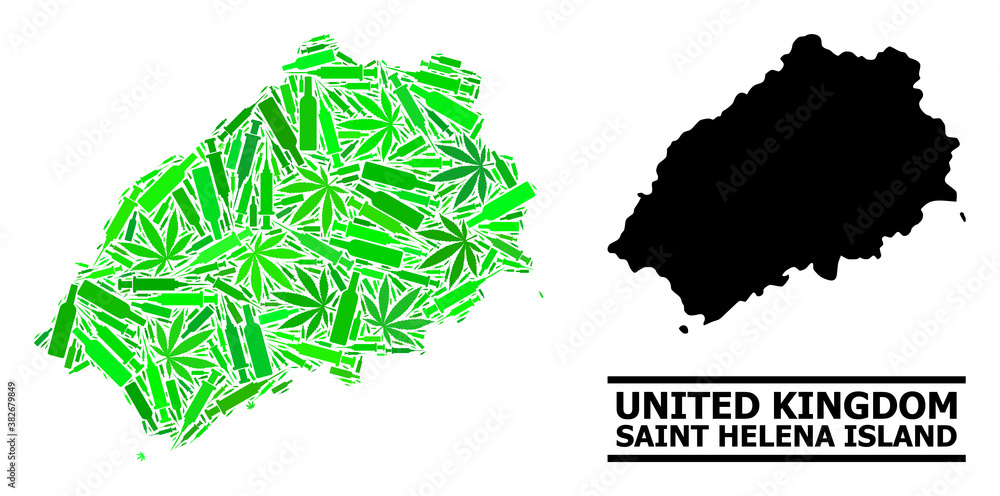 Addiction mosaic and usual map of Saint Helena Island. Vector map of Saint Helena Island is made from scattered vaccine symbols, marijuana and alcohol bottles.