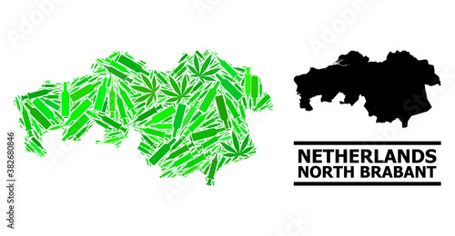 Addiction mosaic and usual map of North Brabant Province. Vector map of North Brabant Province is composed from randomized vaccine doses, ganja and alcoholic bottles.