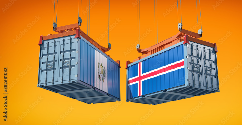 Freight containers with Guatemala and Iceland flag. 3D Rendering 