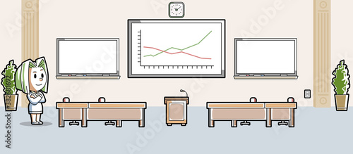 Cartoon business boardroom meeting conference room background setting with podium and chart