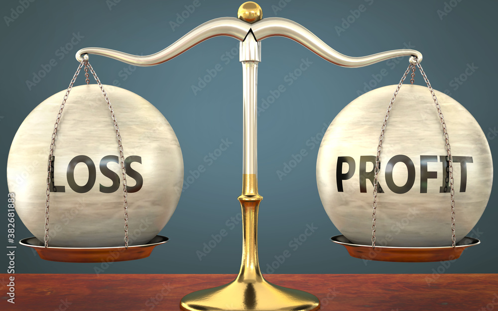 loss and profit staying in balance - pictured as a metal scale with weights and labels loss and profit to symbolize balance and symmetry of those concepts, 3d illustration - obrazy, fototapety, plakaty 